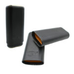 KINGSTAR GENUINE LEATHER CIGAR CASE WITH MATT FINISH METAL TOP & BOTTOM BLACK