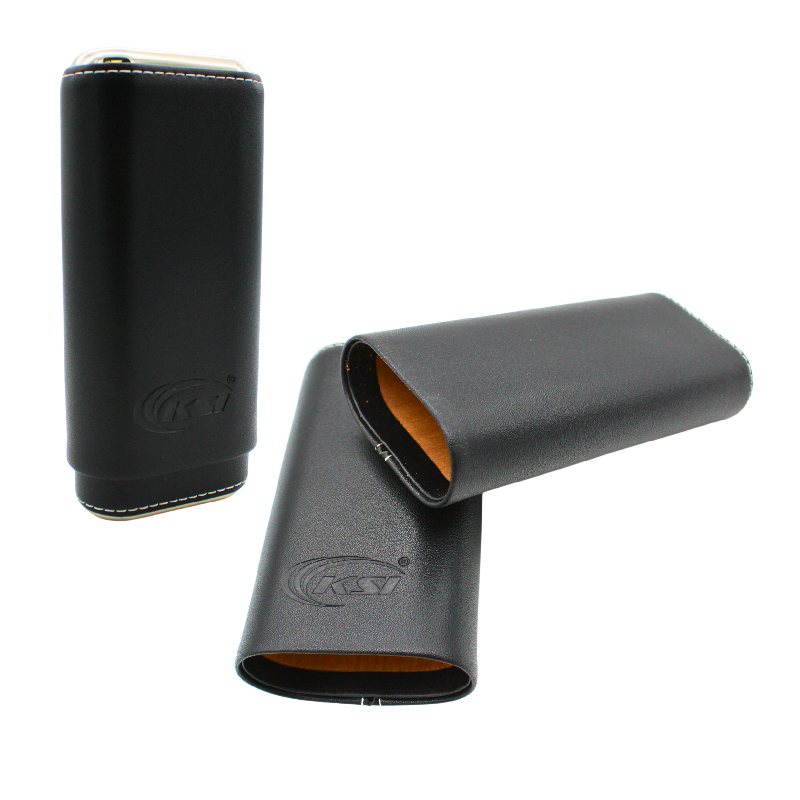 KINGSTAR GENUINE LEATHER CIGAR CASE WITH MATT FINISH METAL TOP & BOTTOM BLACK
